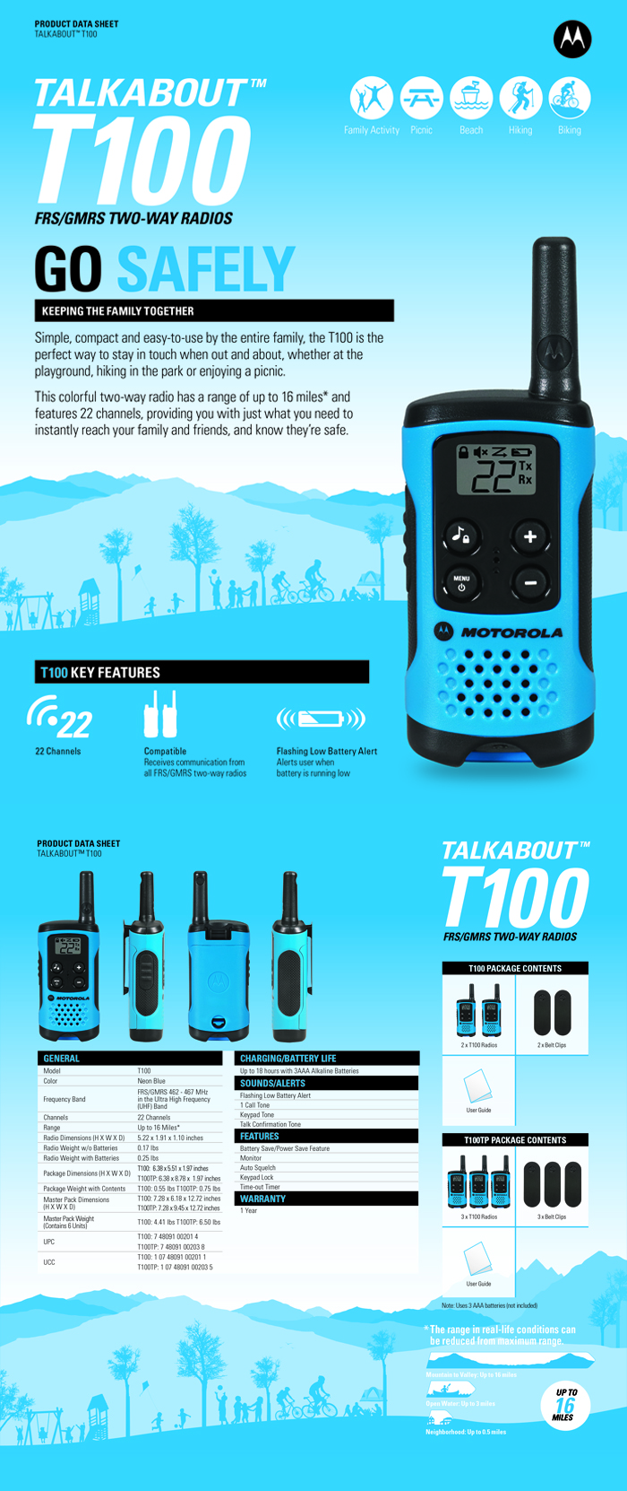 MOTOROLA Talkabout T100 Alkaline 2-Way Radio, Neon Blue (2-Pack)-T100